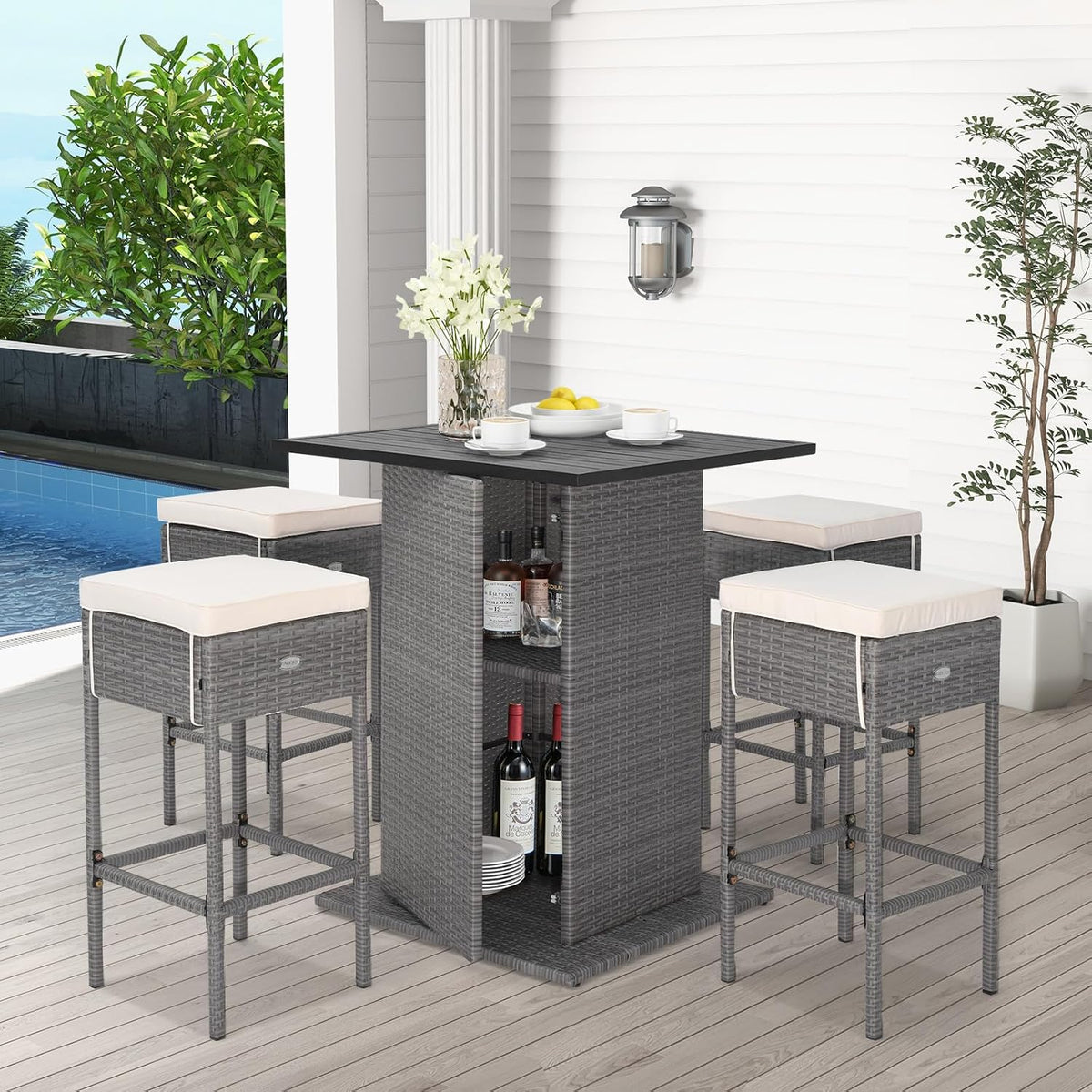 Tangkula 5 Piece Rattan Bar Table and Chairs Set Wirth 4 Cushioned Stools