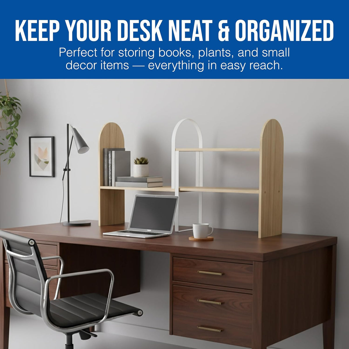 Maplefield Desk Hutch Expandable Shelf Organizer, Natural Finish, Engineered ...