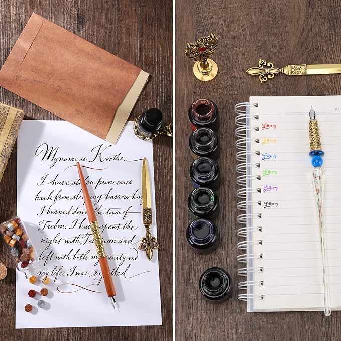 Junhartt Quill Feather Pen and Ink Set, Calligraphy Pen Glass Dip Pen and Wax - Image 4