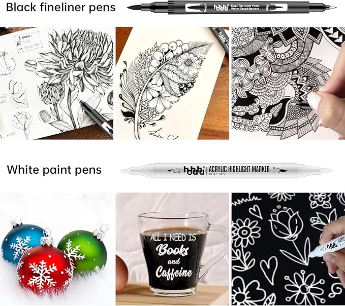 hhhouu 17Pack Dual Tip Black & White Brush Pens- Fineliner & Highlighting Set - Image 4
