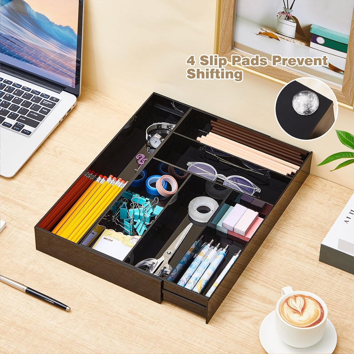 Briwooody Black Acrylic Drawer Organizer Expandable,7 Compartments,Large