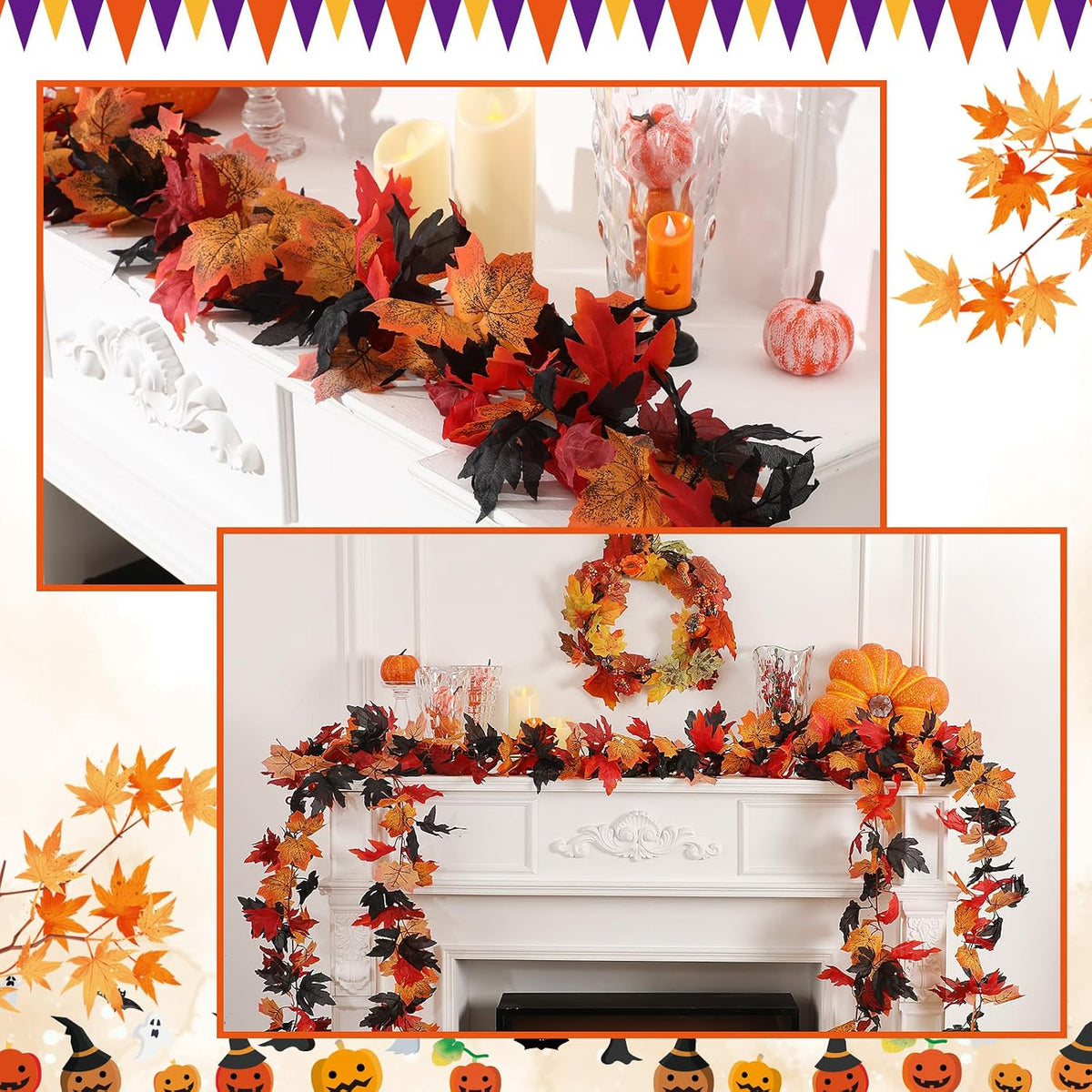 Janinka 12 Pack Halloween Fall Leave Garland 5.7 ft Hanging Vines Black Red