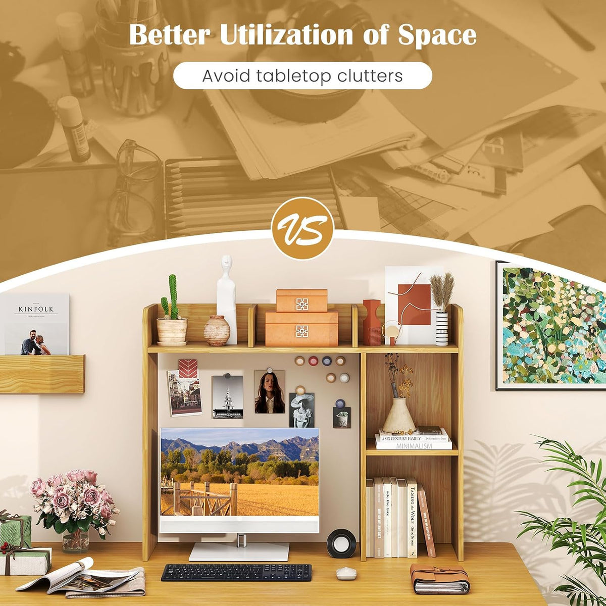 Desktop Bookshelf, 3-Tier Wood Countertop Bookcase with 5 Shelves, Desk Hutch...