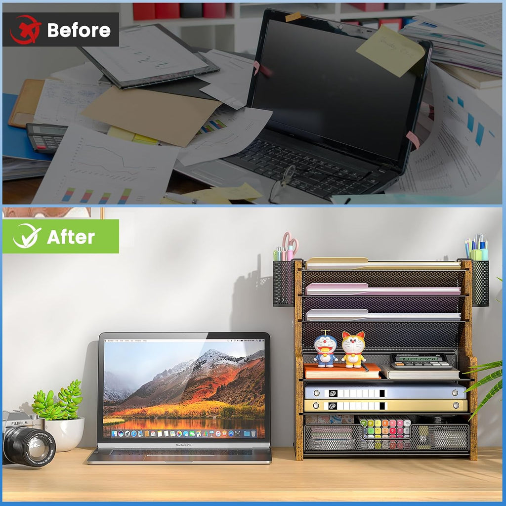daoutime 6-tier mesh desk organizer with drawer, wooden, side view