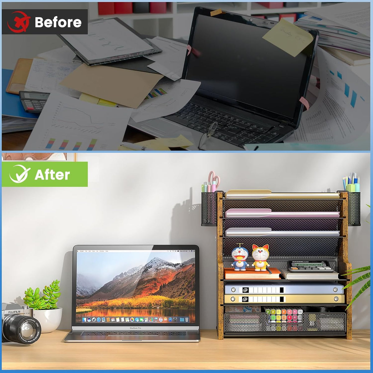 daoutime 6-tier mesh desk organizer with drawer, wooden, side view