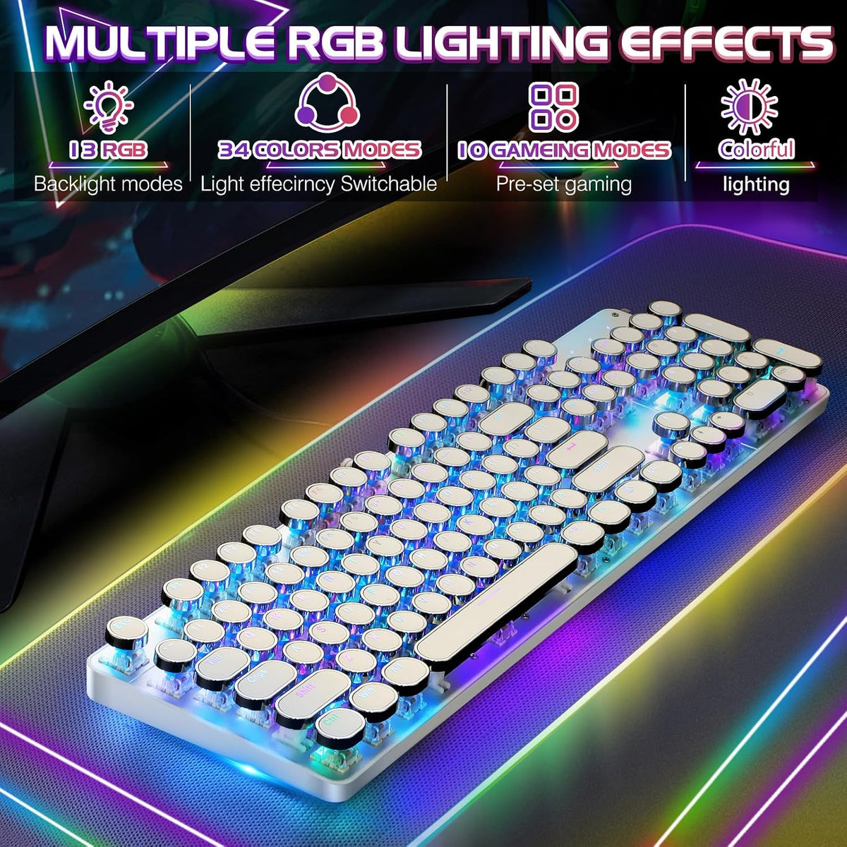 YSCP Typewriter Style Mechanical Gaming Keyboard RGB Backlit Wired with Blue ...