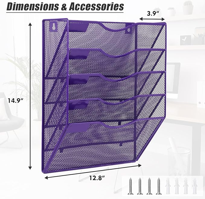 EASEPRES 5 Pocket Mesh Hanging Wall File Organizer, Wall Mounted Mail Paper - Image 2