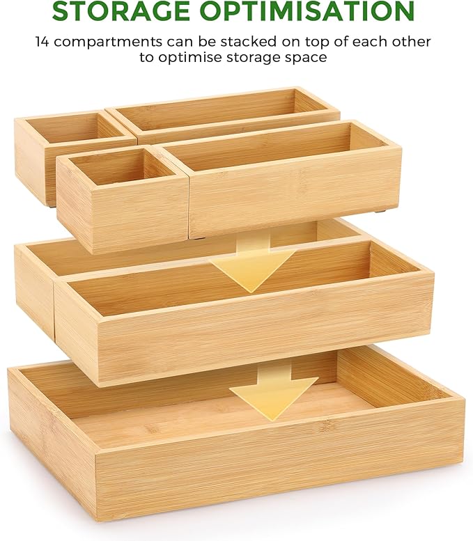Bamboo Drawer Organizer Set, Junk Drawer Divider and Storage Trays Containers - Image 2