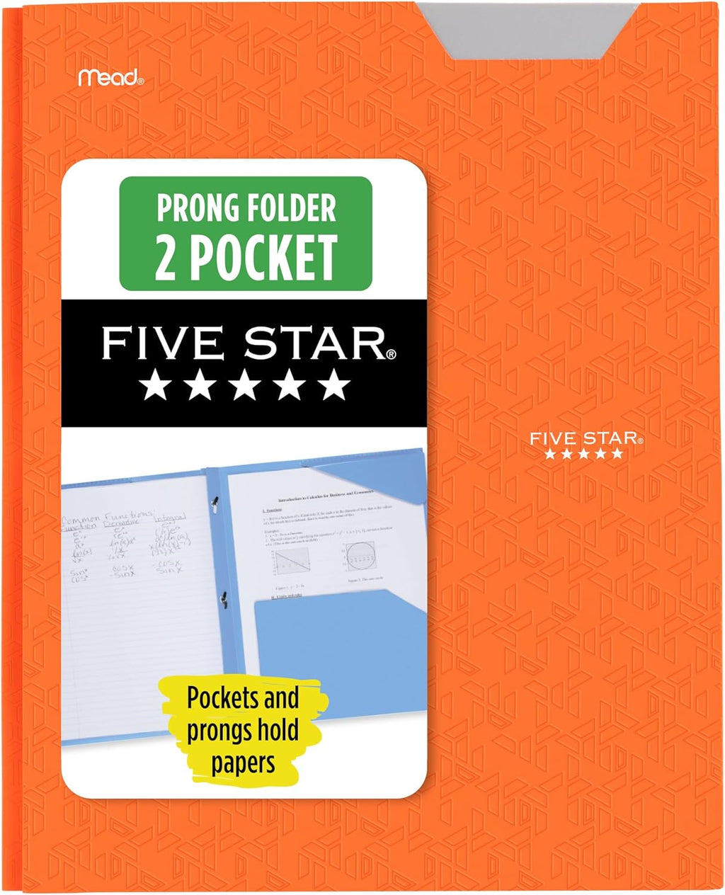 Five Star 2-Pocket Folder, Plastic Folder with Stay-Put Tabs and Prong Fasteners, Holds 8-1/2" x 11" Paper, Solar Orange (340300N)