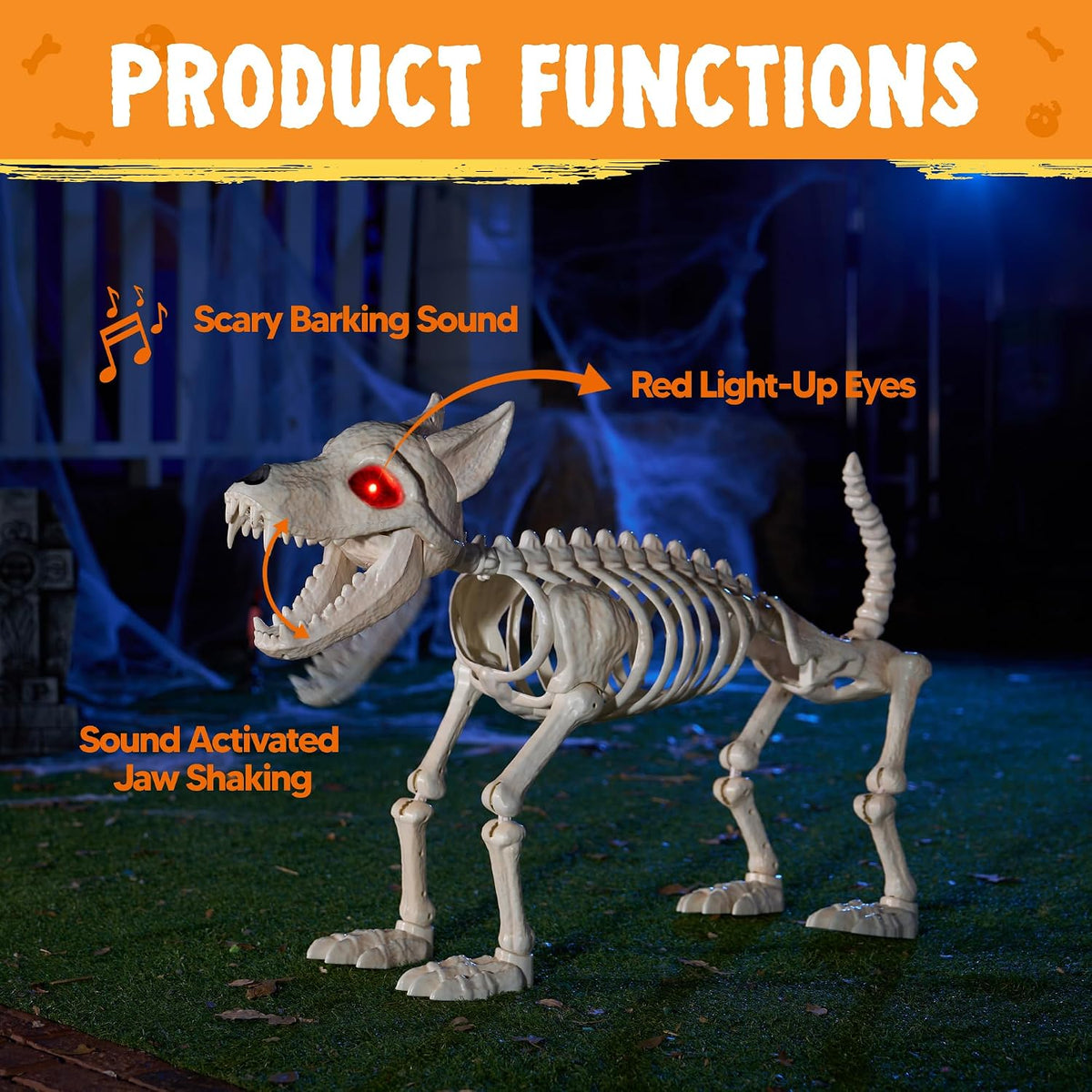 JOYIN Howling Wolf Skeletons Halloween Decorations 34” Skeleton Dog with Red ...