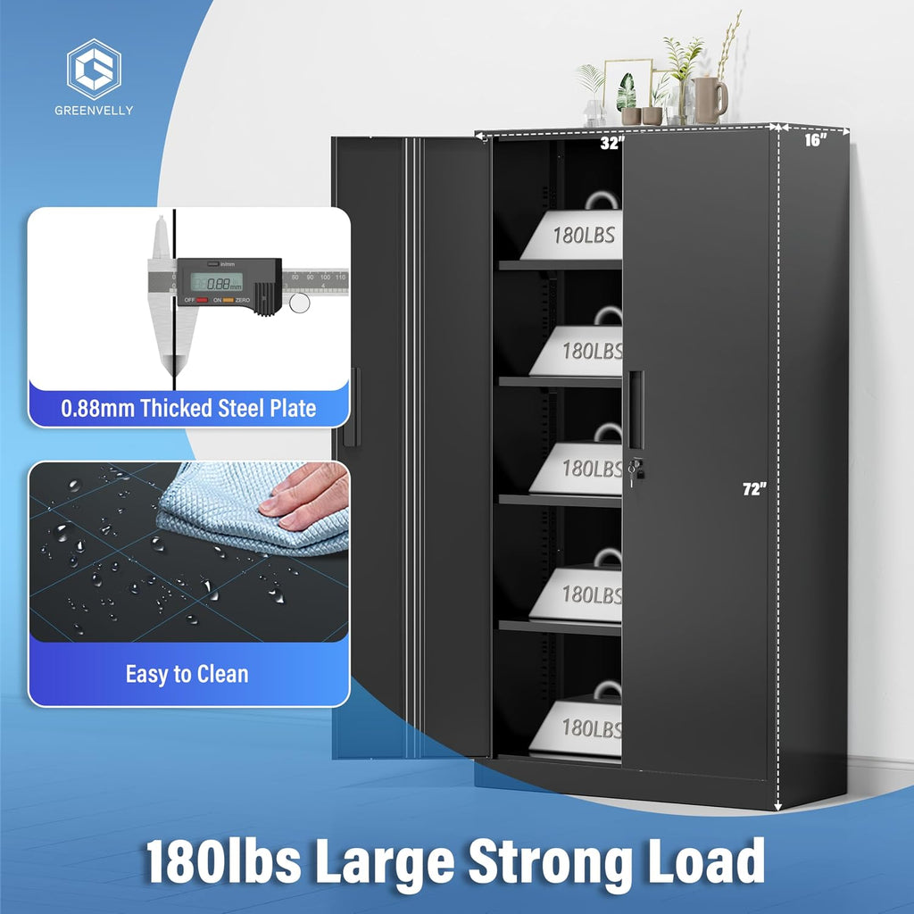 greenvelly metal cabinet, 72" black locking metal storage showing dimensions