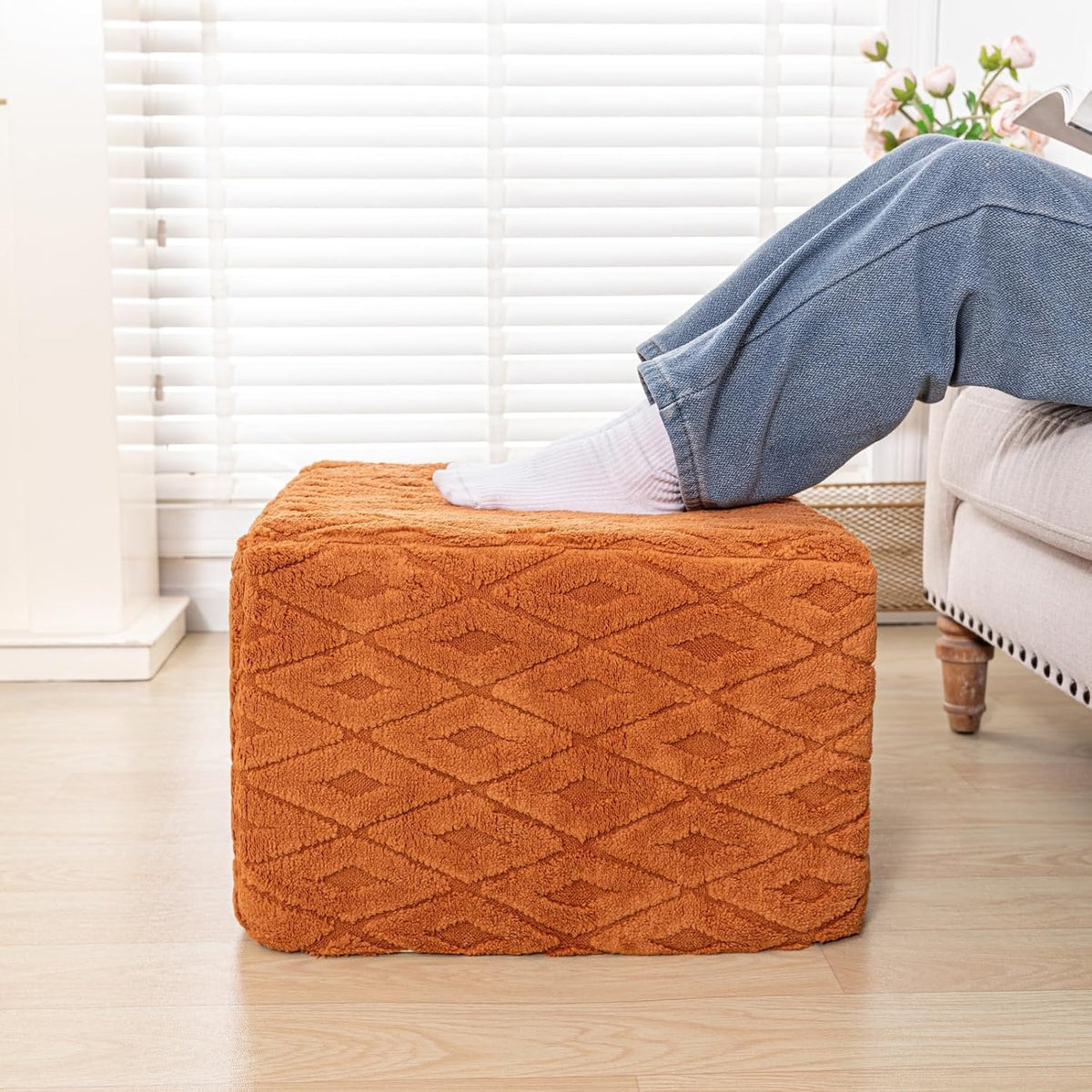 Square Ottoman Pouf,Couch FootRest,Footstool,Orange, 20x20x14 in