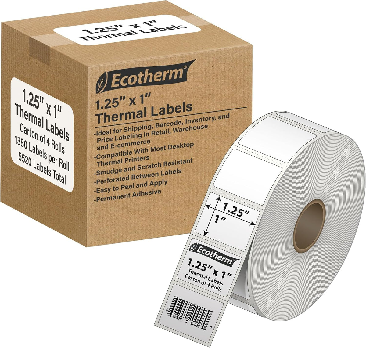 1.25" x 1" Thermal Labels | 4 Rolls | 5520 Labels | fits Zebra, Offnova Thermal