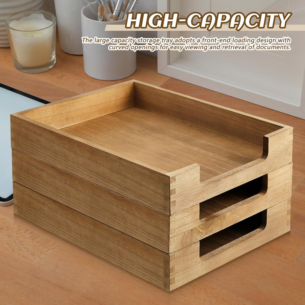 Fulmoon 3 Pcs Stackable Wood Letter Tray A4 Size Desk File Organizer