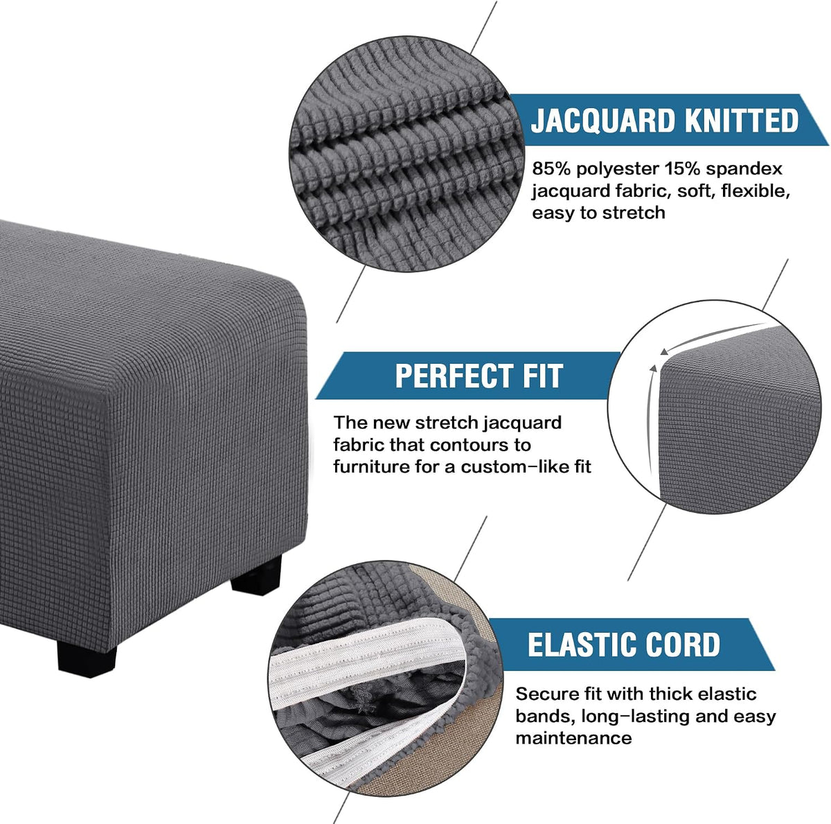 H.VERSAILTEX Ottoman Cover Slipcover Rectangle 33"-38", Grey