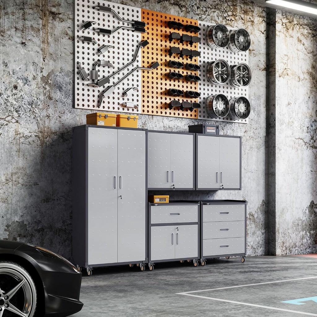 5-piece garage storage cabinets system heavy duty workshop, close-up detail