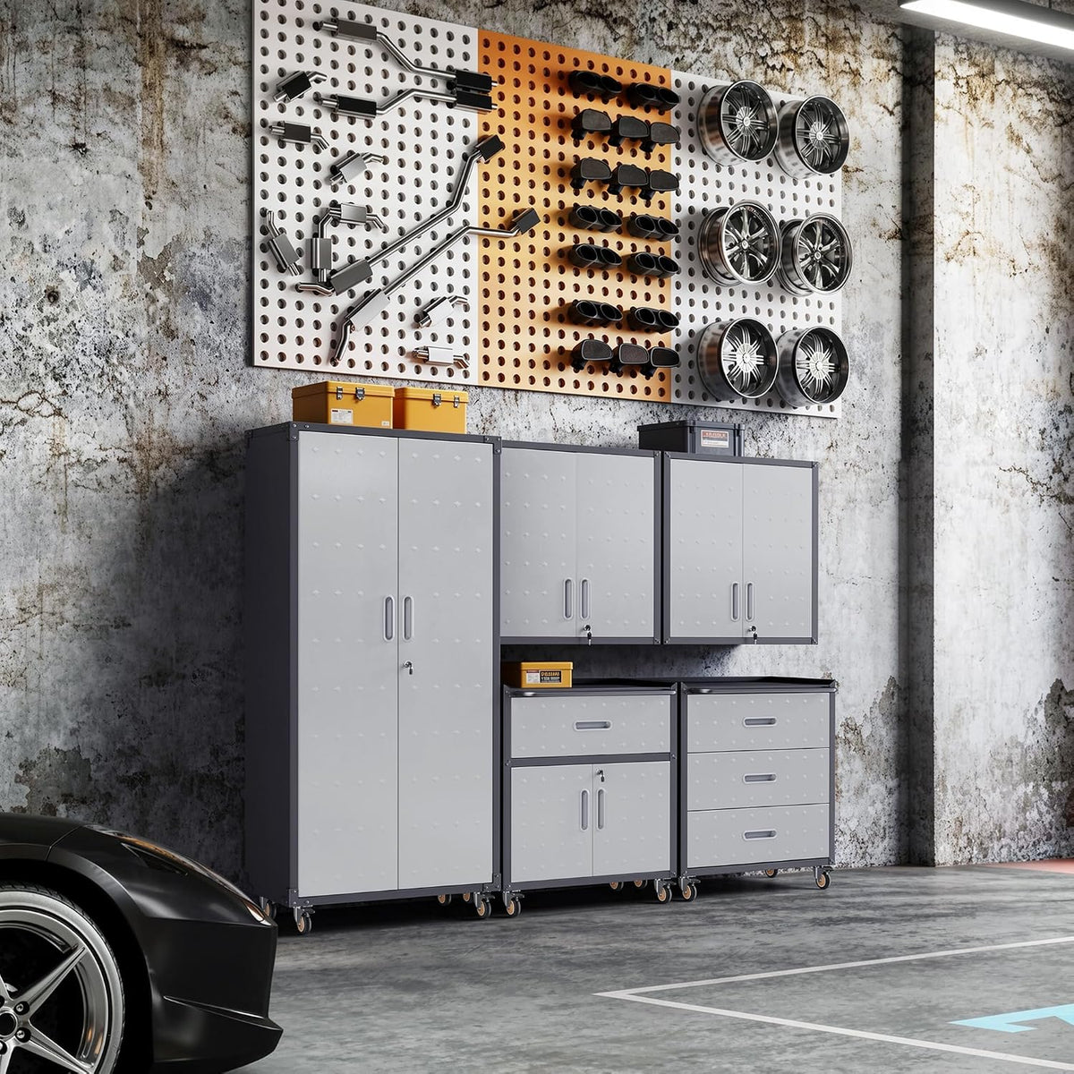5-piece garage storage cabinets system heavy duty workshop, close-up detail