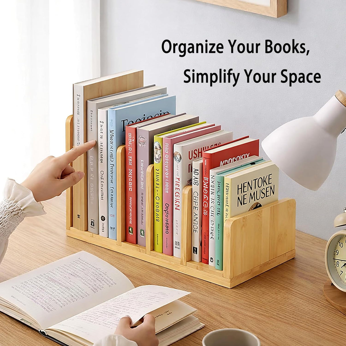 Natural Bamboo Cookbook Organizer Stand, 4 Slots Vertical Book Rack for Kitch...
