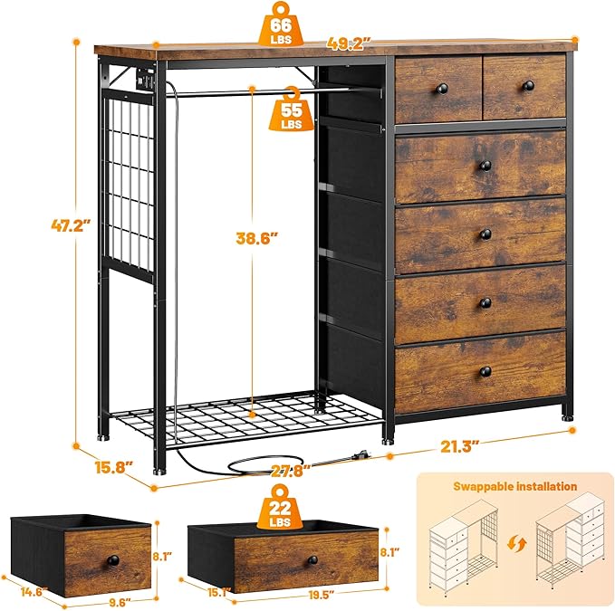 EnHomee 49.2" W Dresser with Hanging Rack & 6 Fabric Drawers – Wooden Top - Image 2
