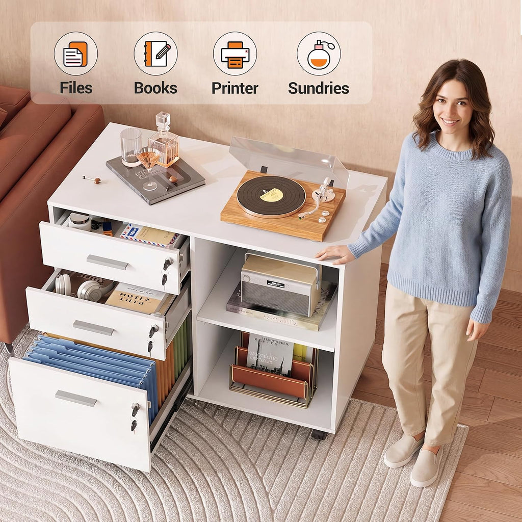 devaise 3-drawer file cabinet with lock, mobile wood, front angle view