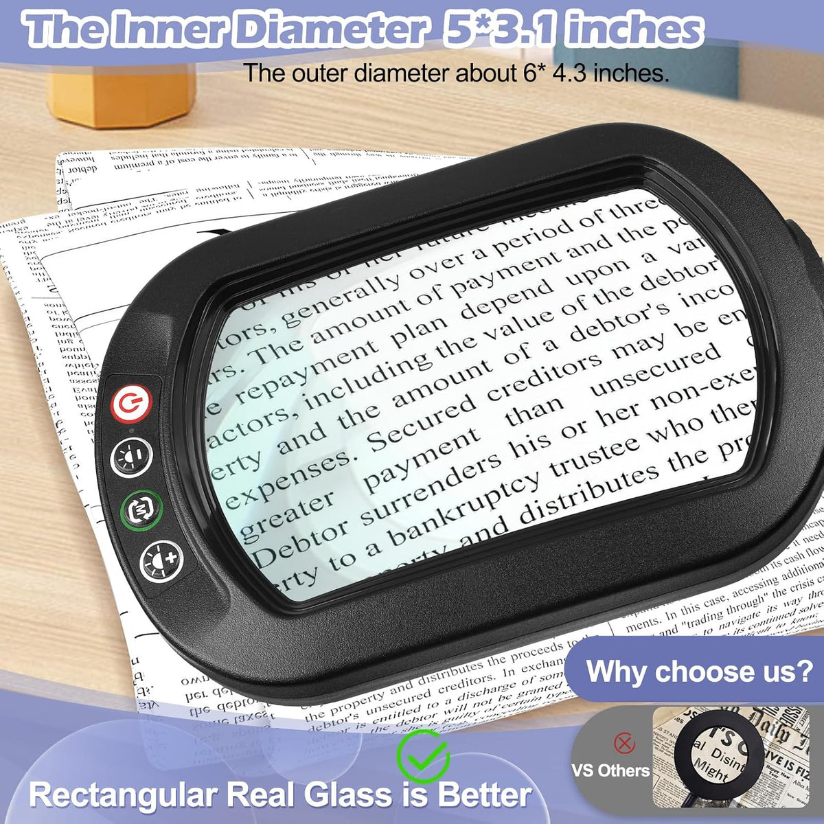 Drdefi 12X Square Magnifying Glass with Light and Stand, Real Glass LED Light...