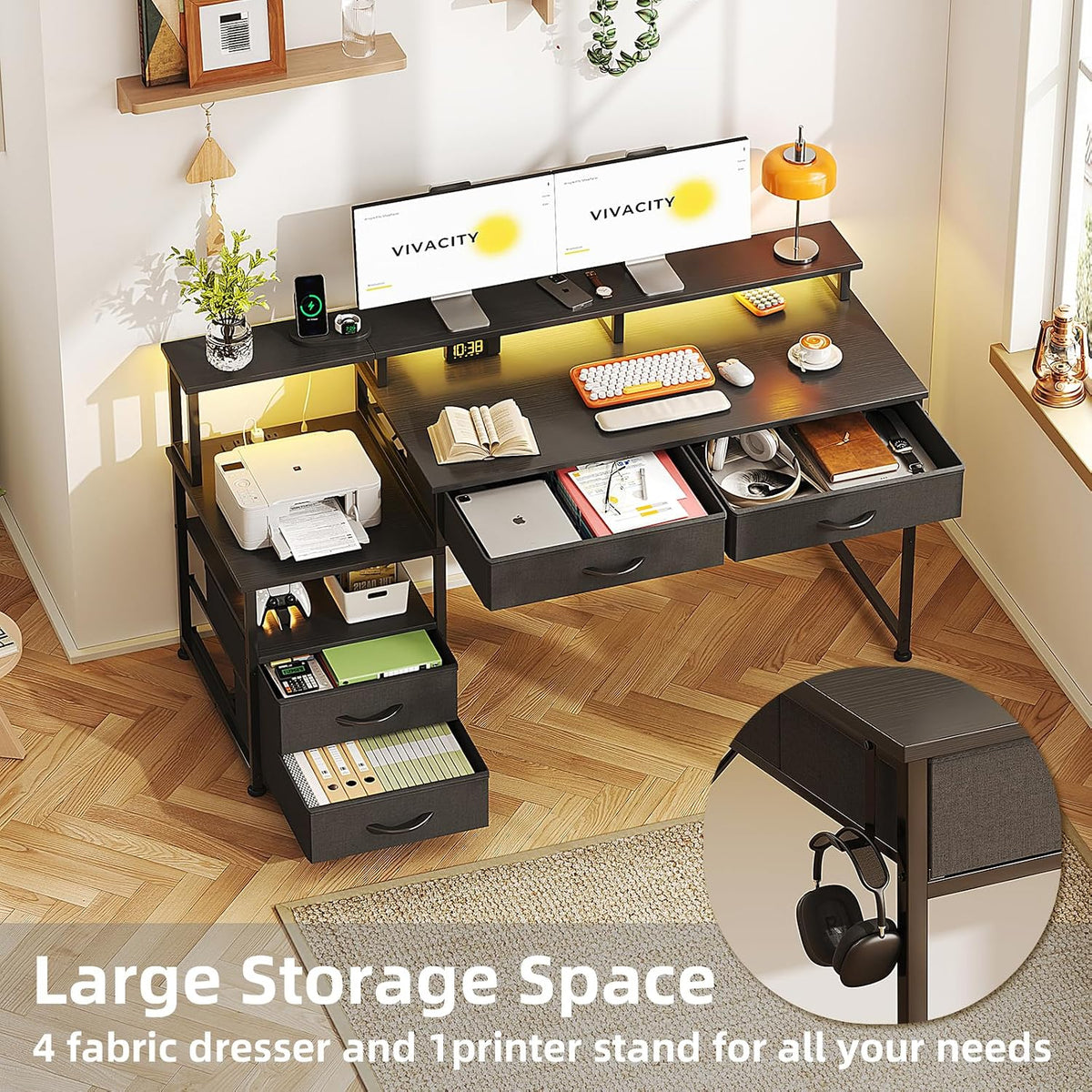 MUTUN 53" Computer Desk with 4 Drawers & Power Outlets, Reversible H...