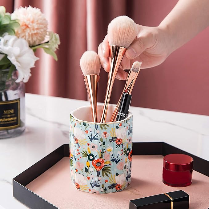 Jwest Pen Holder, Makeup Brush Holder Ceramic Shiny Gold Floral Pattern Pencil - Image 6