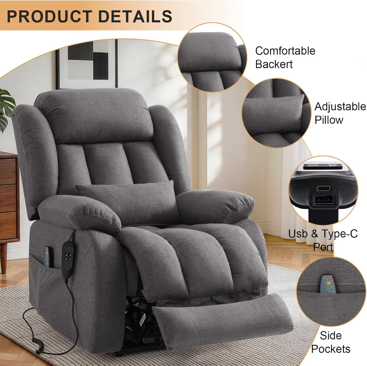 Dual Motor Infinite Position Power Lift Recliner Chair for Elderly, Grey