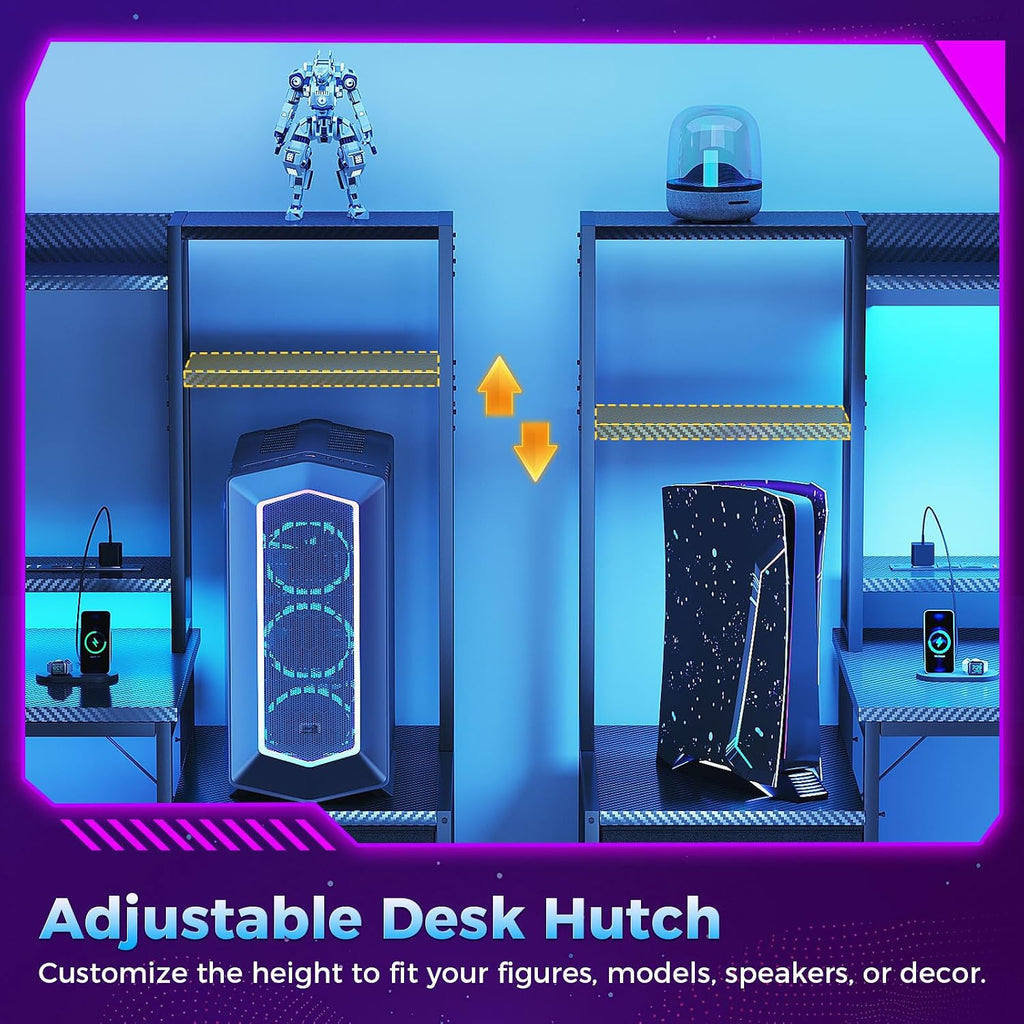 Casaottima 48 Inch Gaming Desk with Shelves & Hutch & 3 Drawers & LED Light | Reversible PC Desk with Tower Stand & Power Outlets, Computer Desk for Home Office, Carbon Fiber Black