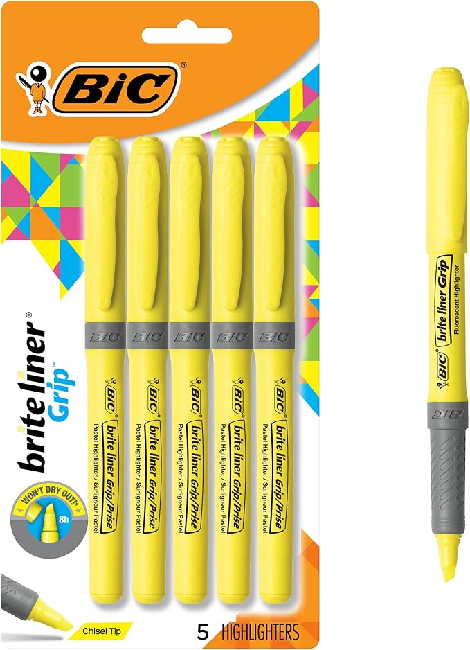 BIC Brite Liner Grip Highlighters, Chisel Tip, 5-Count Pack of Highlighters by BIC
