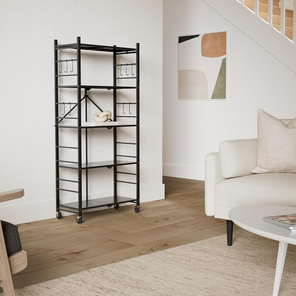 himix 5-tier foldable storage shelves with 20 hooks shown in use