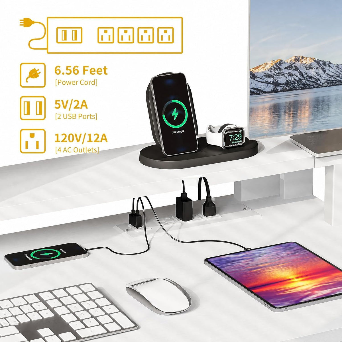 DWVO 79" Grey U-Shaped Computer Desk with Drawers & Charging Station