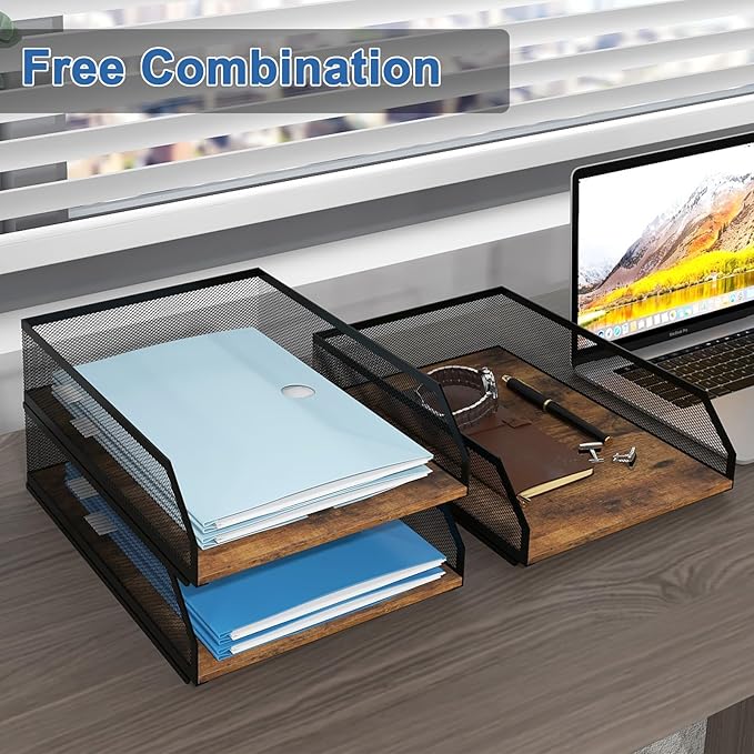 Natwind 3-Tier Stackable Paper Tray, Metal Mesh Desktop Organizer, Wood Board - Image 4