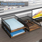 Natwind 3-Tier Stackable Paper Tray, Metal Mesh Desktop Organizer, Wood Board - Image 4