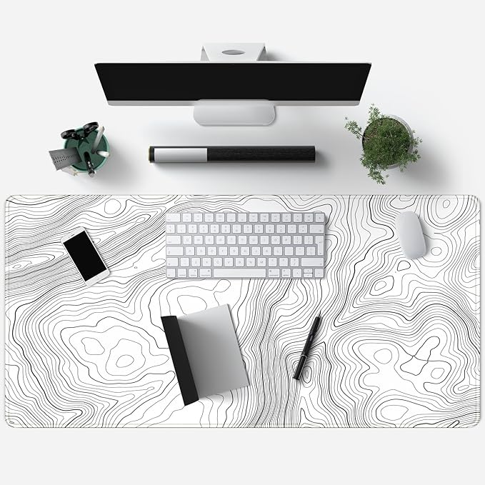 Mechanical Cattle Desk Mat Large Gaming White Mouse Pad Minimalist Topographic - Image 3