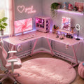 Mr IRONSTONE Gaming Desk with LED Lights, L Shaped Desk Corner with Cup Holder & Headphone Hook, Computer Desk Home Office Desks with Large Monitor Stand, Carbon Fiber Surface, Pink 51 Inch