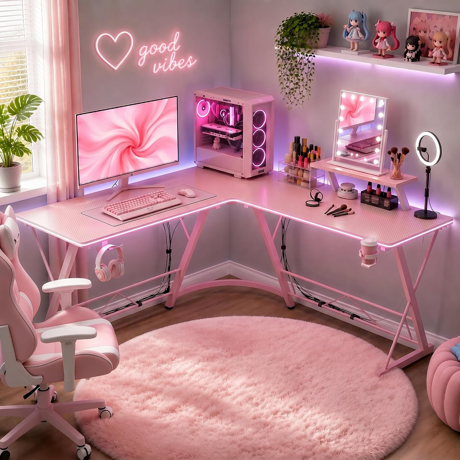Mr IRONSTONE Gaming Desk with LED Lights, L Shaped Desk Corner with Cup Holder & Headphone Hook, Computer Desk Home Office Desks with Large Monitor Stand, Carbon Fiber Surface, Pink 51 Inch