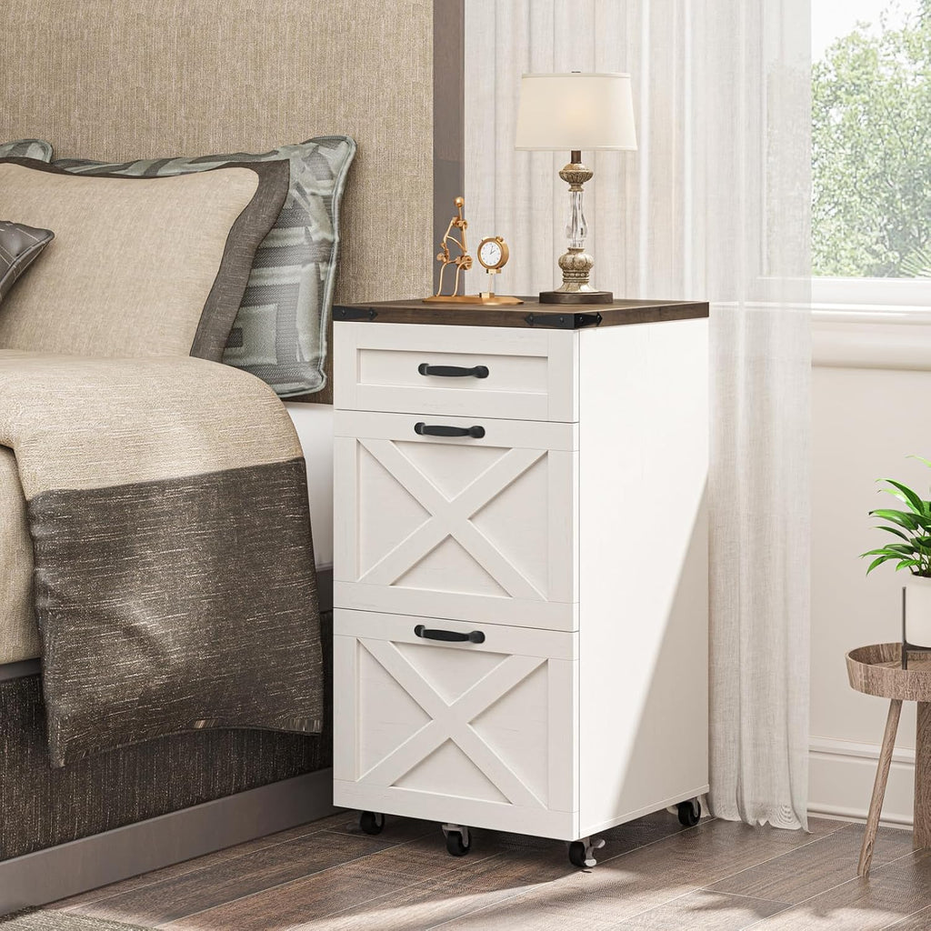 3 Drawers Farmhouse File Cabinet with Wheels for Home Office, Rustic White | Halitaa Vertical Filing Cabinet Fits Letter/A4 Size, Rolling File Cabinet Wooden Printer Stand for Home Office