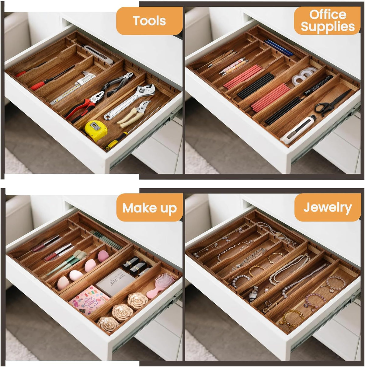 Acacia Wood Silverware Drawer Organizer, 21 Inch Adjustable Cutlery Tray for ...