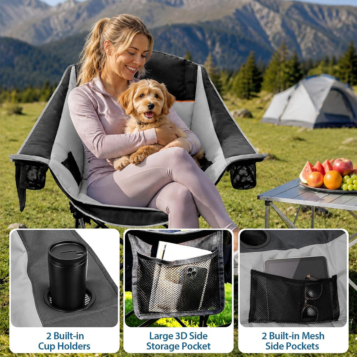 ZENPETIO Oversized Camping Chair with Footrest, 500 lbs Folding Camp Chairs
