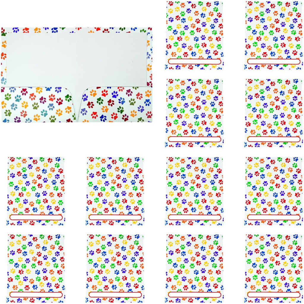 Fun Express Paw Print Pocket Folders with Pockets 12 Pack | Cute School Supplies for Kids & Classroom Essentials, Colored Paper Folders Bulk Set