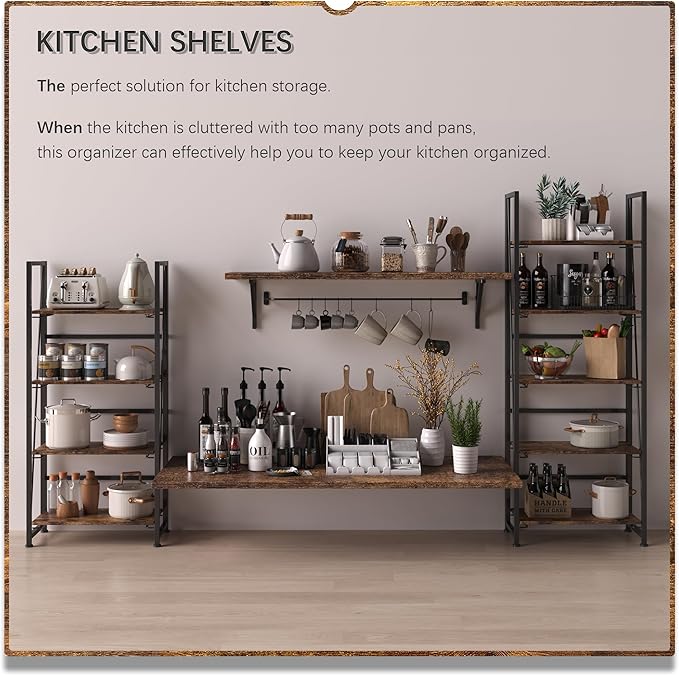 4NM No Assembly Folding Bookshelf Storage Shelves 4 Tiers Vintage Bookcase - Image 6
