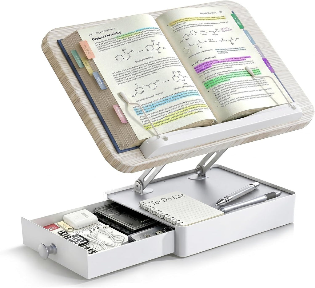 Book Stand with Storage, Wooden Book Holder for Desk, Hands-Free Reading | Ergonomic Adjustable Height & Angle, For Textbooks, Cookbooks, Documents (White, 9.8" x 13.8" Large Panel)