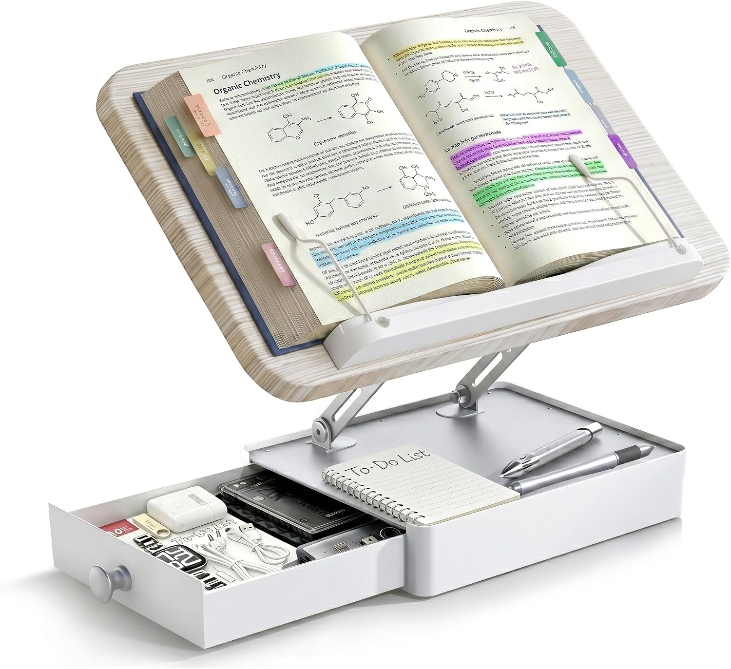 Book Stand with Storage, Wooden Book Holder for Desk, Hands-Free Reading | Ergonomic Adjustable Height & Angle, For Textbooks, Cookbooks, Documents (White, 9.8" x 13.8" Large Panel)