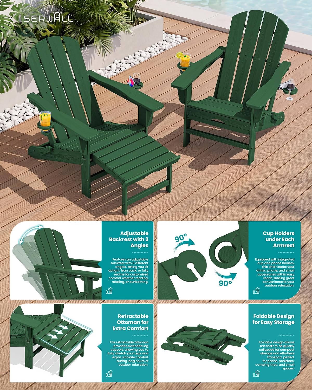 SERWALL 2-Pcs HDPE Folding Adjustable Adirondack Chair with Ottoman, Green