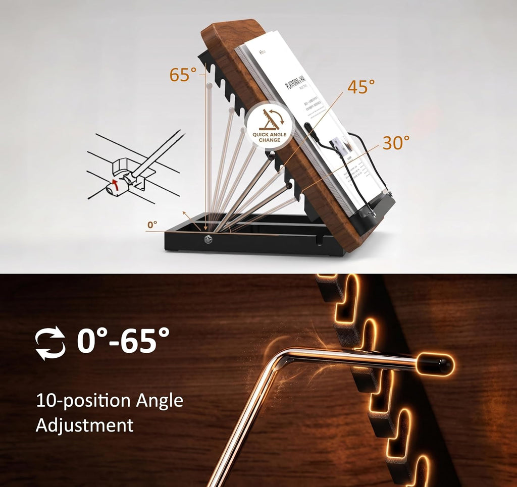 2-in-1 Floor & Desktop Book Stand with Large 16.5"x11.8" Wood Panel | Height Adjustable 16.5"-51" Ergonomic Bookstand with Page Clips for Textbooks, Music Sheets, Recipes, Laptops (Walnut Finish)