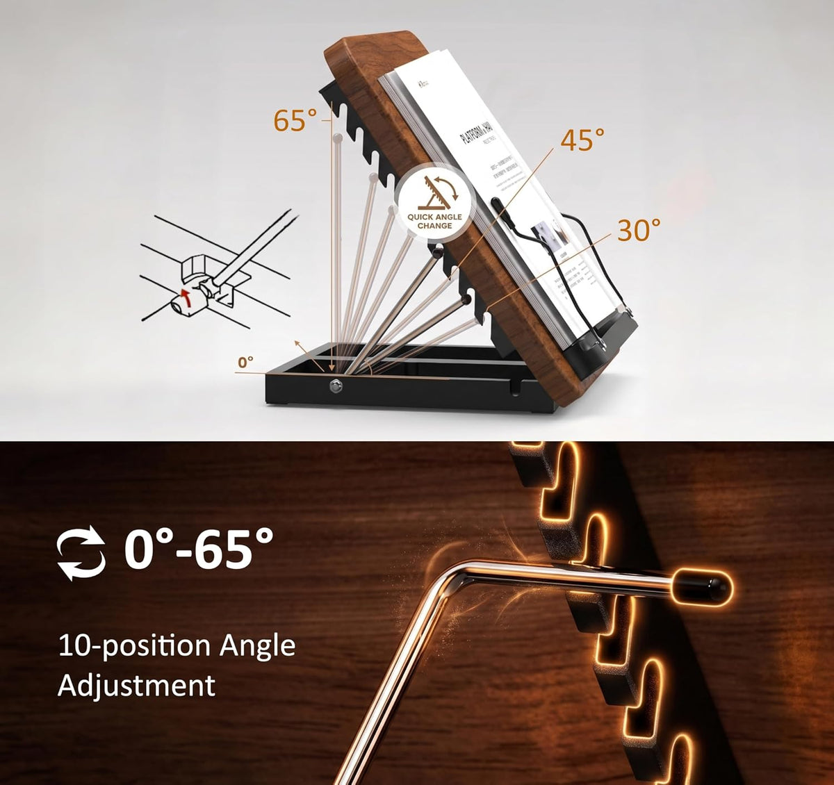 2-in-1 Floor & Desktop Book Stand with Large 16.5"x11.8" Wood Panel | Height Adjustable 16.5"-51" Ergonomic Bookstand with Page Clips for Textbooks, Music Sheets, Recipes, Laptops (Walnut Finish)
