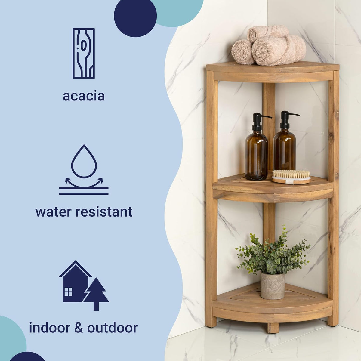 happimess Sela Corner Shelf 33" 3-Tier Acacia Wood, Light Teak