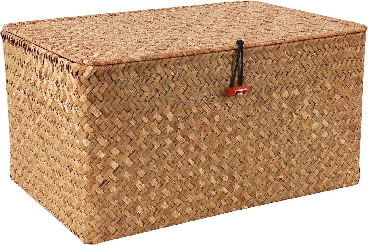 Moosky Wicker Shelf Baskets with Lid,Natural Seagrass Storage Basket Boxes Ha...