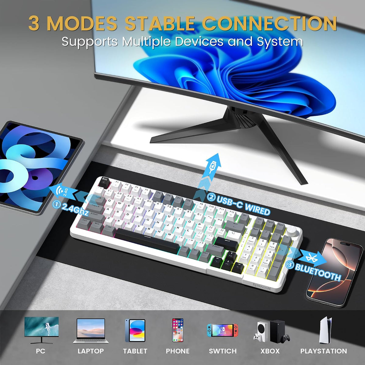 Redragon K742 Wireless Mechanical Gaming Keyboard with Knob, Bluetooth 5.0/2....